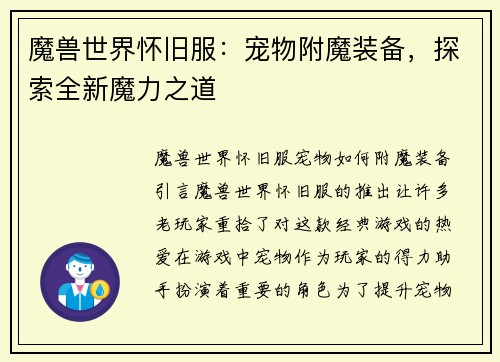 魔兽世界怀旧服：宠物附魔装备，探索全新魔力之道